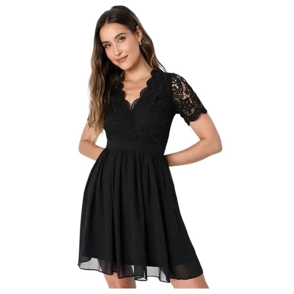 Lulus Angel in Disguise Black Lace Skater Dress EUC